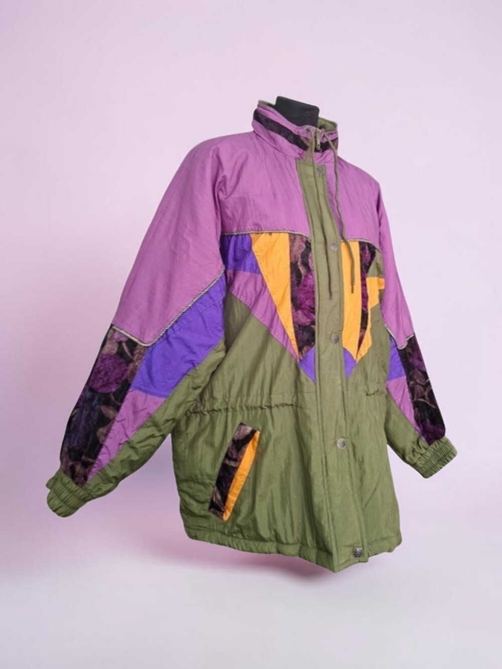 Vintage 80s/90s ISPO Ski Jacket Cargo Green Purple Velvet Trim Slouchy Puff L